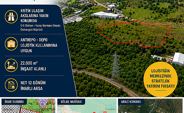  GEBZE MOLLAFENARİ’DE 22.000m² İNŞAAT YAPILABİLİR DEPO-ANTREPO İÇİN ARSA
